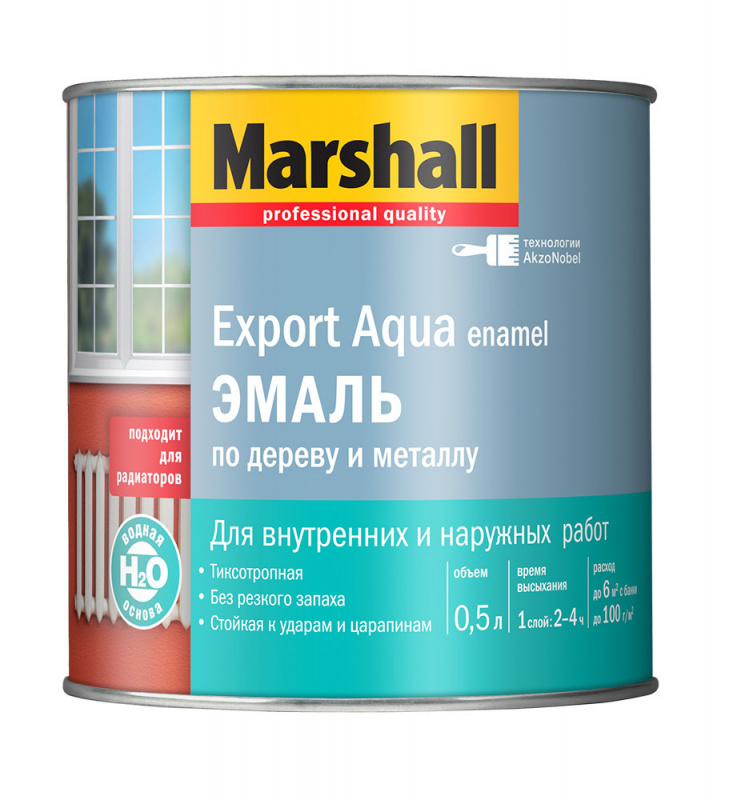 Эмаль для дерева и металла водная Marshall Export Aqua полуматовая белая 0,5 л.