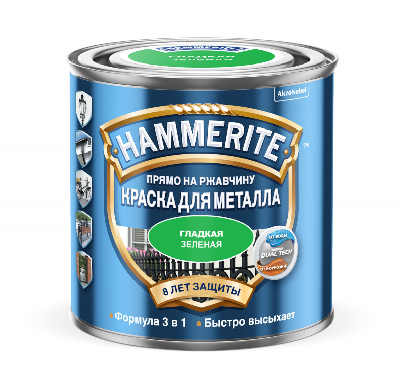 Краска для металлических поверхностей алкидная Hammerite гладкая RAL 6029 зеленая 0,75 л.